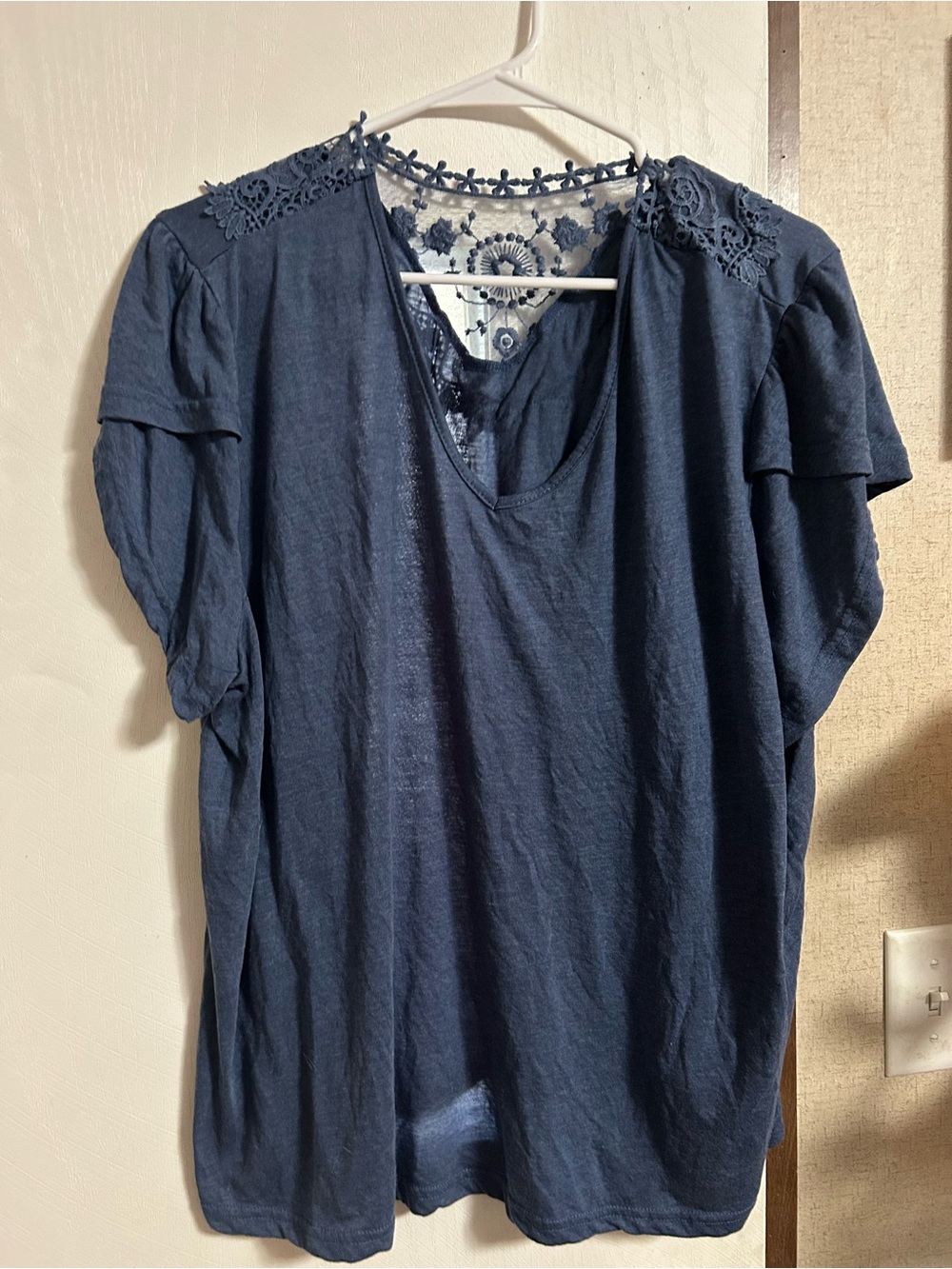 SHEIN Navy Short Sleeve Top with Crochet Lace Trim